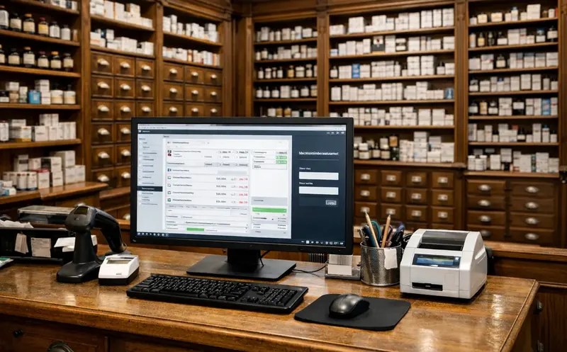 Arbeitsplatz im Handverkauf einer Apotheke mit Kassen-PC